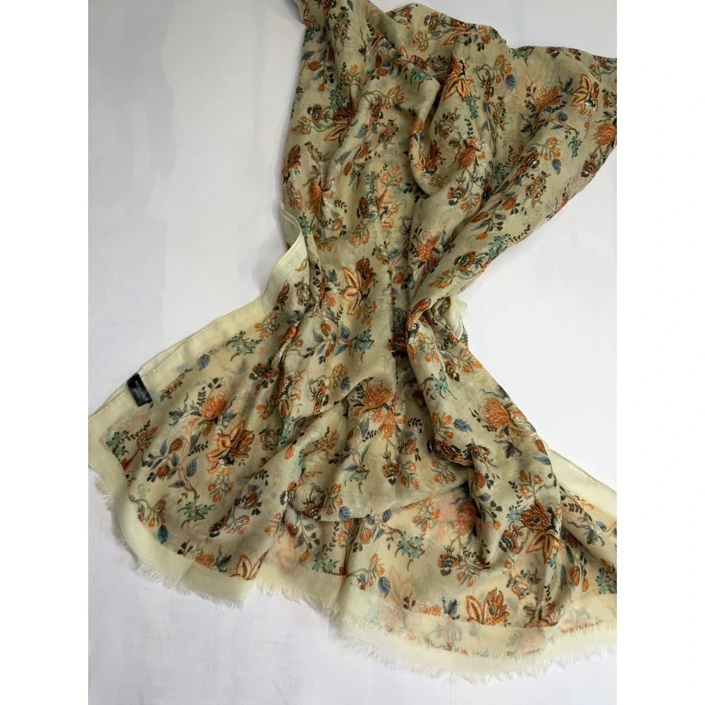 Melifluos Floral Scarf Lightweight Viscose Wrap Shawl Cream Orange Teal Boho